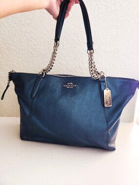 Like New Coach Ava Metallic Teal Leather Shoulder Bag Tote Purse